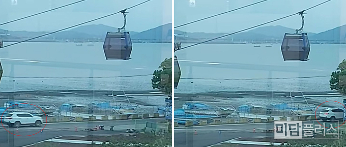 동그라미 친 차량이 움직이는 동안 멈춰 있는 서해랑 케이블카 (시민 제보 영상 캡쳐)