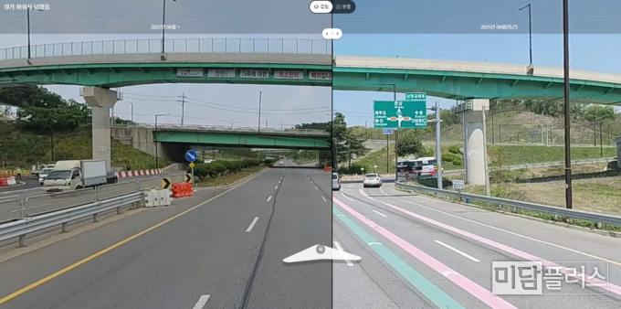 2022년 남양 고가 차도 (좌), 2025년 남양 고가 차도 (우) 